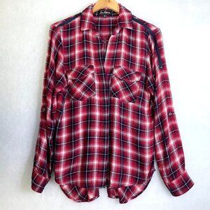 Sam Edelman Women's Red Plaid Shirt Button Front Long Sleeves Zipper Shoulders M